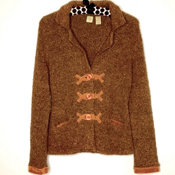 Anthropologie Sweaters - Anthropologie HWR Brown Boucle Knit Gold Velvet Trim Fitted Cardigan Sweater Sm